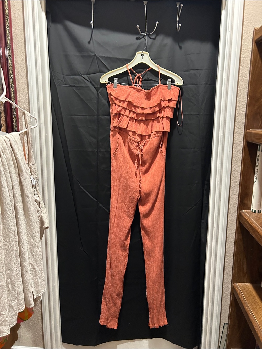 Fashion Nova Rust Strapless Ruffle Jumpsuit